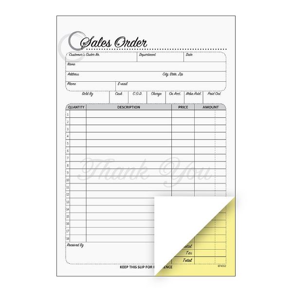 Cosco® Sales Order Form Book with Slip, Artistic, 5 1/2" x 8 1/2", 2-Part Carbonless, 50 sets (074012)