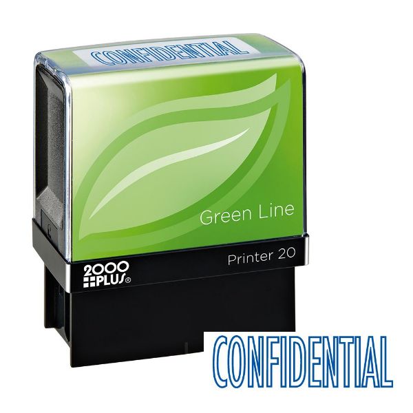 2000 PLUS Green Line Self-Inking Message Stamp, CONFIDENTIAL, 80% Recycled, 1 1/2" x 9/16" impression, Blue Ink (098374)