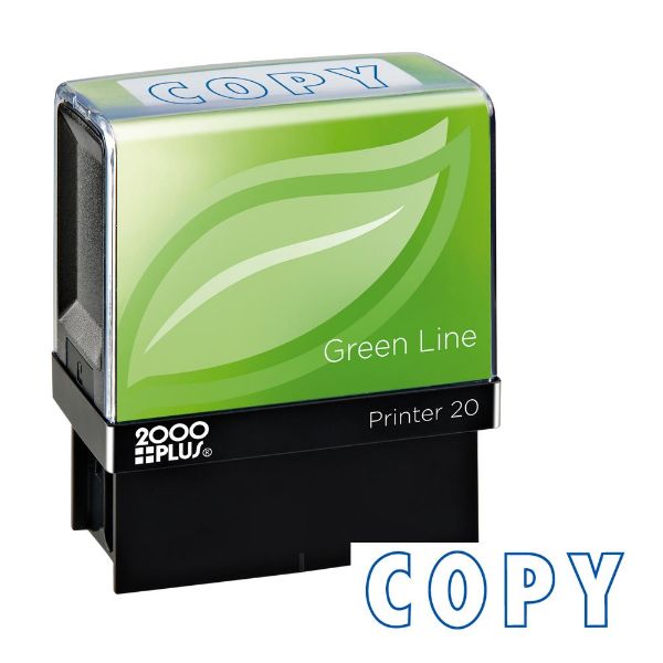 2000 PLUS Green Line Self-Inking Message Stamp, COPY, 80% Recycled, 1 1/2" x 9/16" Impression, Blue Ink (098367)