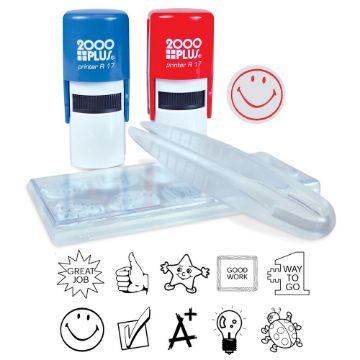 COSCO Deluxe Teacher Stamp Kit, Self-Inking, 10 Messages & Symbols, for Classrooms, Teachers and Kids, Red and Blue Ink (030360)