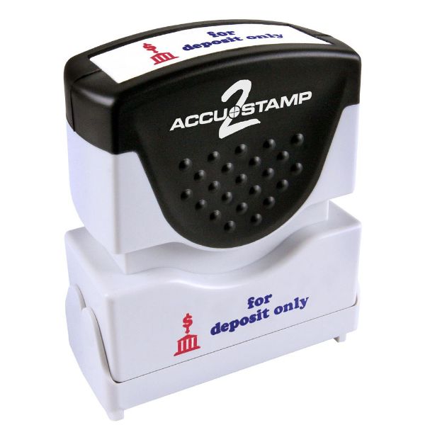 AccuStamp 2 Message Stamp with Shutter, 2-Color, FOR DEPOSIT ONLY, 1-5/8" x 1/2" Impression, Pre-Ink, Blue and Red Ink (035523)