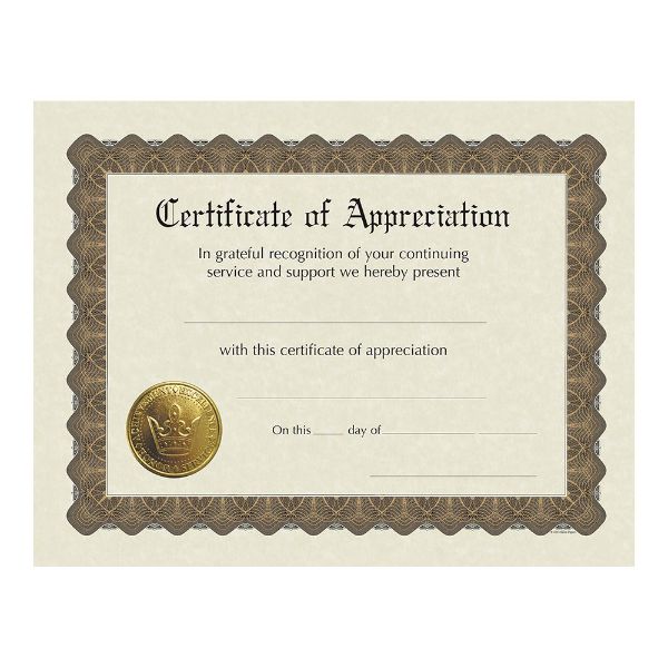 Great Papers! Certificate of Appreciation, Pre-Printed, Gold Foil, Embossed, 8.5" x 11", 6 Count (930000)