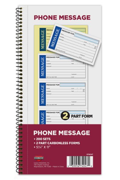 COSCO Business Forms 2-Part Carbonless Phone Message, 5.25" x 12", 200 Sets/Book (074047)
