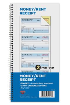 COSCO Business Forms 2-Part Carbonless, Money/Rent Receipt,  Consecutively Numbered, 5.25" x 11", Spiral Bound 200 sets (074049)