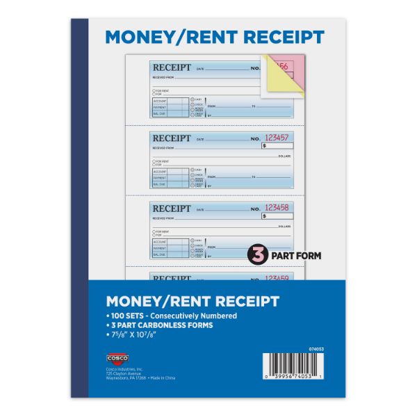 COSCO Business Forms 3-Part Carbonless Consecutively Numbered Money/Rent Receipt, 7.625" x 10.875", 100 Sets (074053)
