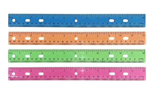 Cosco Plastic Ruler, 12-Inch,  Assorted Colors, Inch & Metric Measurements, Durable Transparent Straight Edge for School, Office & Home, 4 Pack (098572)