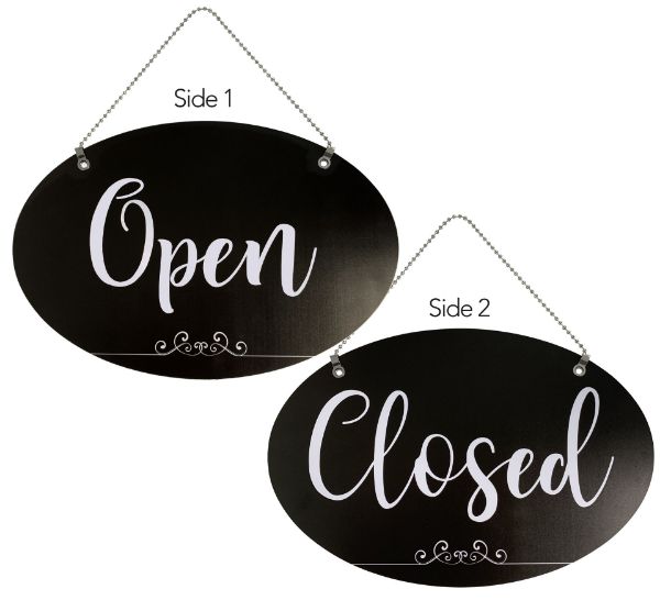 Cosco Open Close Sign Spa Style 12" x 8" Two Sided Black with White Imprint with Hanging Chain for Business Door (098642)